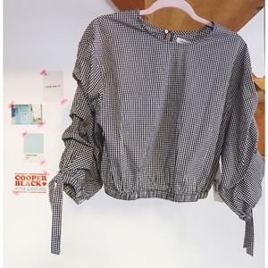 Bishop + Young Cropped Ruched Sleeve Gingham Top